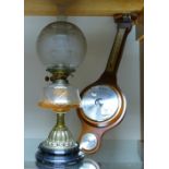Victorian Glass and Brass Oil Lamp: together with mid century mahogany barometer(2)