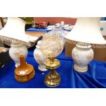 A collection of Mid Century floral decorated table lamps: together with similar brass items etc (5)