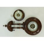 Victorian Hand Carved Wood Wall Barometer: together with similar smaller item(2) ( glass damage to