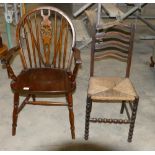 Early Rush seated bobbin legged chair: together with later wheelback arms chair(2)