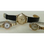 Gold watches x 3: Gents 9ct gold cased watch & leather strap, dial worn,