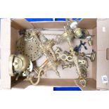A collection of brass ware items: Brassware including pair three branch chandeliers,
