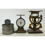 Inkwell & scales x 2: Pewter inkwell, together with two sets of postal scales, one by Salter.