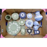 A collection of multi coloured Wedgwood items: to include sage green, pin trays, ash trays,