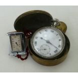 Military pocket watch and folding travelling watch: Military steel pocket watch marked B45046 in
