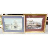 J Dennison two large marine watercolours by : Two watercolours by J Dennison framed shore side