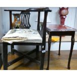 Re upholstered 19th century oak corner chair: together with later table(2)