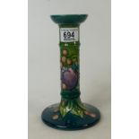 Moorcroft Finches and Berry design candlestick on green ground: height 21cm