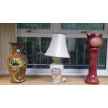 Large Oriental Theme Vase: with dragon decoration together with mid century pottery lamp and small