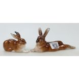 Royal Doulton Hares: Royal Doulton large stretched hare HN2593 (cracks to base and back) and seated