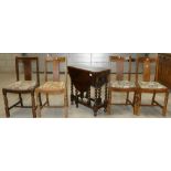 Small Oak barley twist gate leg table: and four matching oak chairs(5)