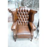 Brown Leather Chesterfield Wing Back Chair: