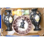 A collection of items to include: Cranford ware handled vases with victorial plaques central