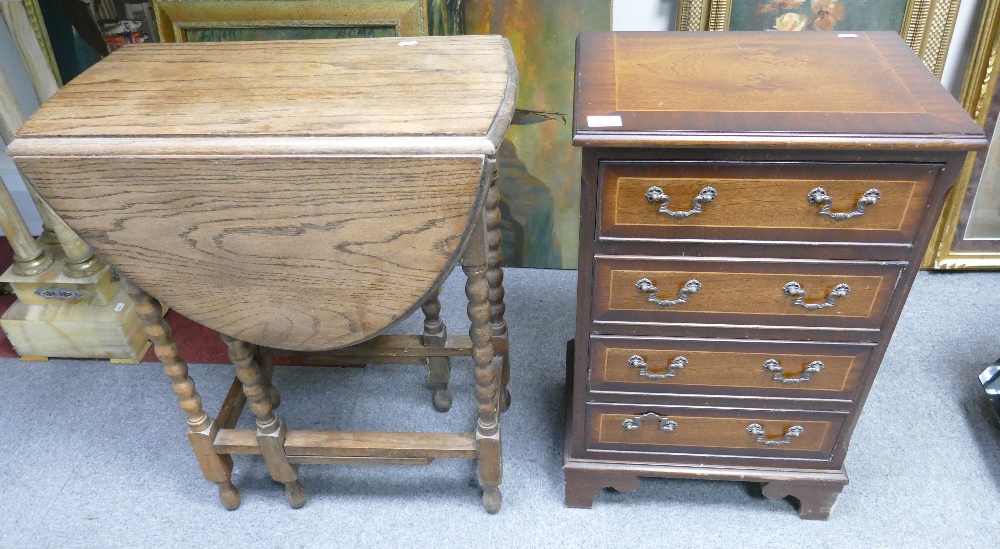 Oak Barley twistgate leg table: together with reproduction inlaid chest of drawers(2)