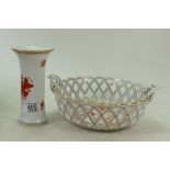 Herend Hungary Pierced open work ceramic basket: together with similar small vase