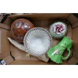 A mixed collection of items to include: damaged Capodimonte lidded rope vase,