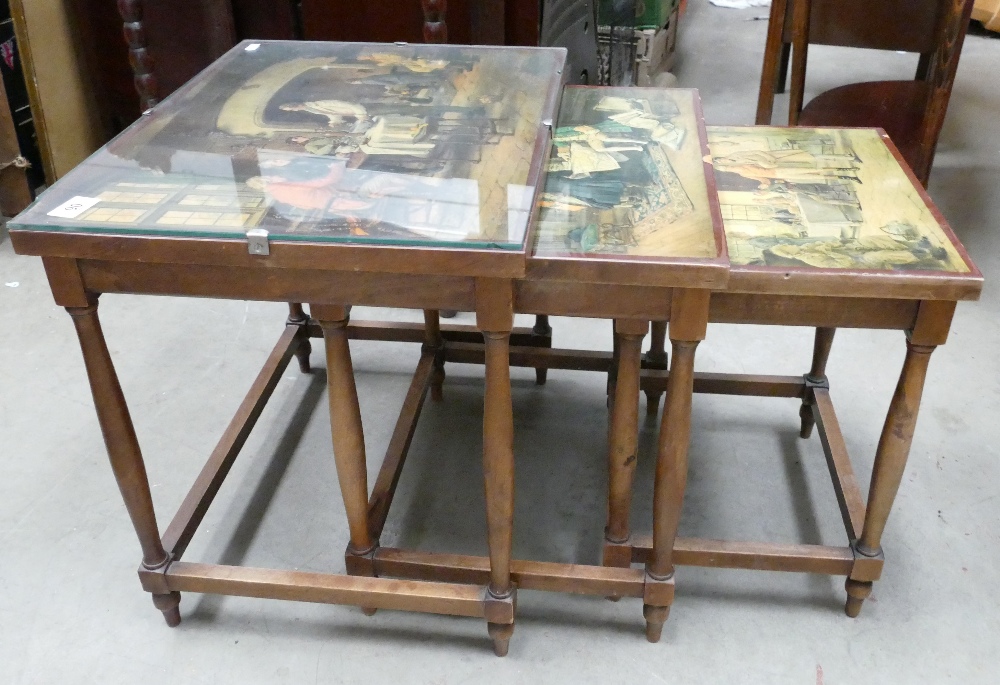 Unusual Oak Nest of tables with 18th century scene prints to upper surfaces: - Image 3 of 3