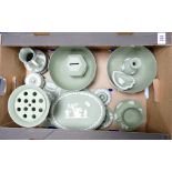 A large collection of Sage Green Wedgwood items including: Large fruit bowls, Flower vases,