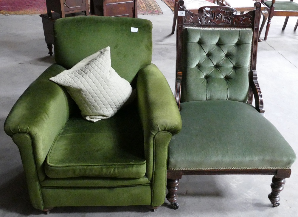 Edwardian Upholstered Nursing Chair: together with matching Art Deco upholstered armchair(2)