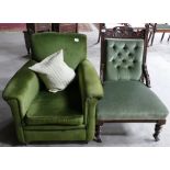 Edwardian Upholstered Nursing Chair: together with matching Art Deco upholstered armchair(2)