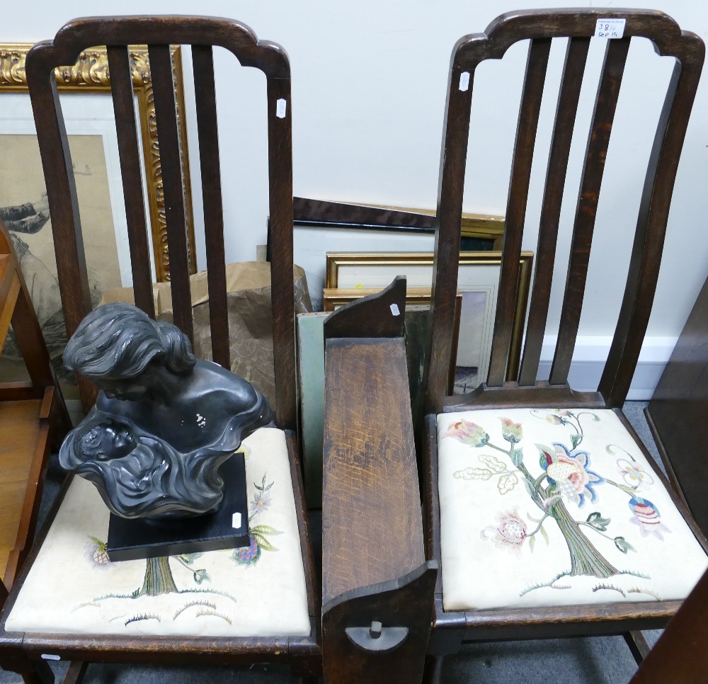 Early 20th century chairs: together with wall mounted oak bookshelf & plater bust of women and