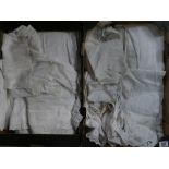 A collection of Vintage linen and lace cloths and night shirts(2 trays):