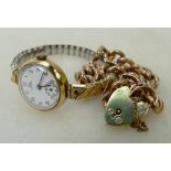 9ct gold bracelet & 9ct watch: Rose gold hollow bracelet stamped 9ct, with yellow gold clasp - 13.