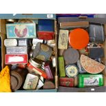 A large collection of early 20th century tin boxes: many with advertising themes (2 trays)