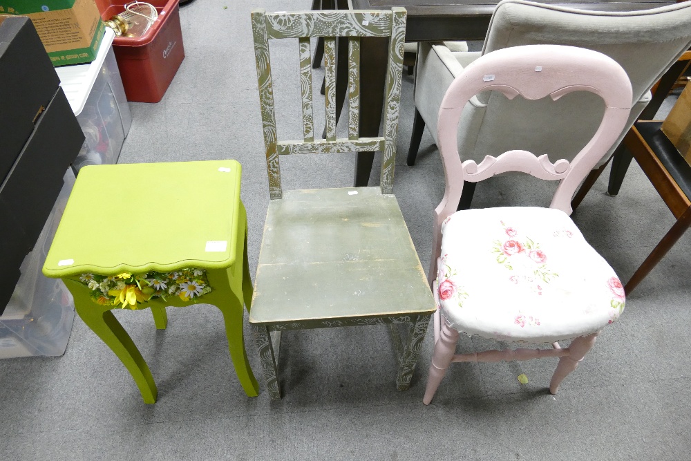 Painted pine side table and two painted chairs.