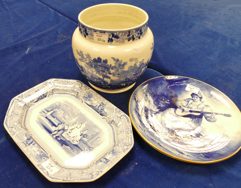 A collection of blue and white items to include: large Adams Planter,