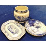 A collection of blue and white items to include: large Adams Planter,