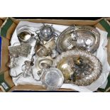 A mixed collection of silver plated items: to include candelabra, decorative jugs,