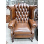 Brown Leather Chesterfield Wing Back Chair: