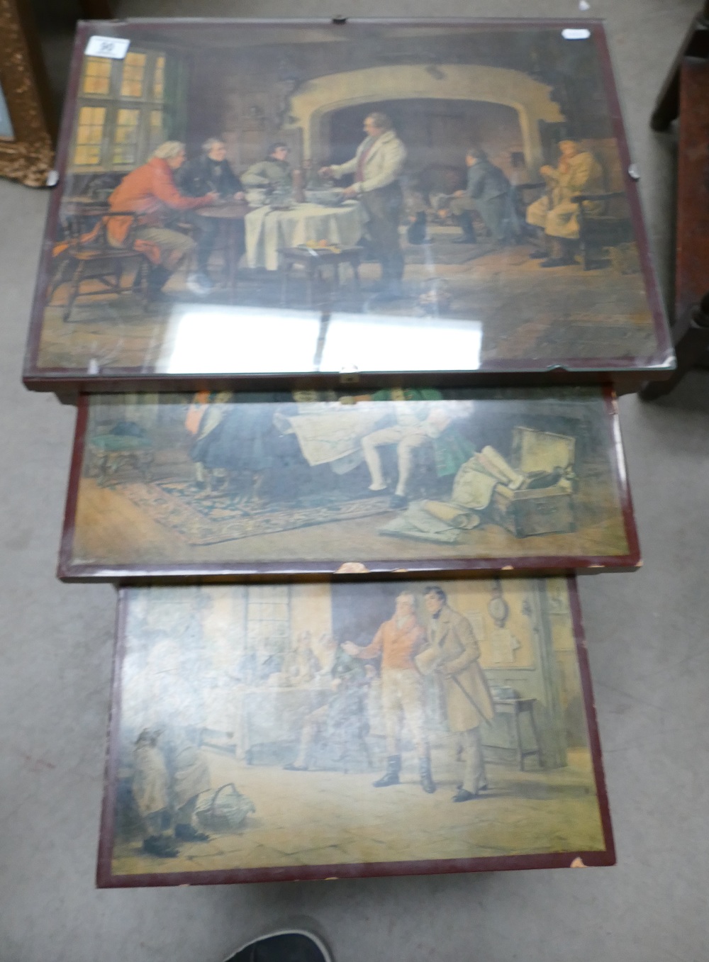 Unusual Oak Nest of tables with 18th century scene prints to upper surfaces: - Image 2 of 3