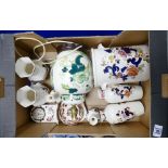 A collection of Masons Blue Mandolay items including: vases, clock,