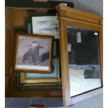 Collection of framed prints: Together with oak wall mirror (1 tray)