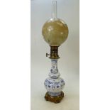 Unusual continental tinned glazed ceramic lampbase: with brass mountings and globe themed shade