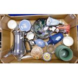 A mixed collection of items to include Charlotte Rhead lidded pot, Wedgwood and Adams jasperware,