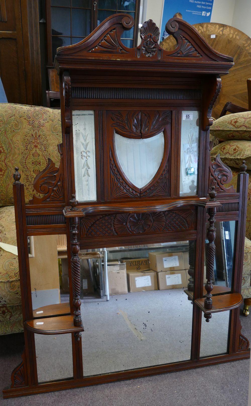 Edwardian Carved Oak Over Mantle Mirror: