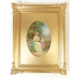 Royal Doulton oval pottery plaque: Hand painted Royal Doulton plaque with lady and girl playing the