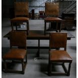 Mid Century Arts and Crafts Style carved oak dining table: complete with four leather studded