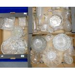 A collection of cut and pressed glass items including: decanters, bowls, serving trays etc(3 trays)