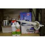 A mixed collection of items to include cleaning products: dusters, pela oil extracter, patio