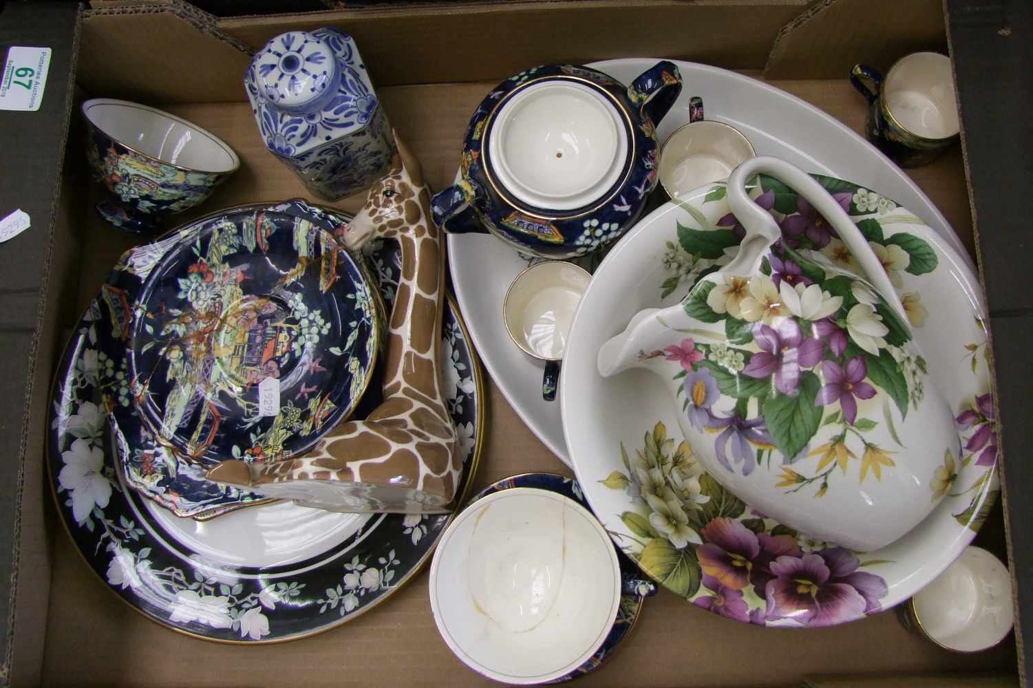 Royal Winton Pekin design part teaset: ( 2 saucers and 2 cups A/F), Delft lidded pot, Szeizer