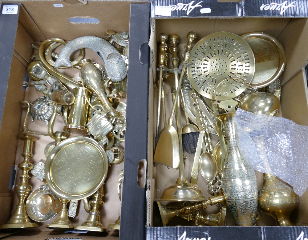 Large collection brassware inc candlesticks: Two large trays of brassware including some older and