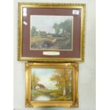 Oil on Canvas with a scene of a cottage in woodland signed Austin: together with a print of a boat