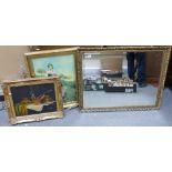 Large Bevel edged wall mirror: together with 2 gilt framed prints(3)