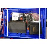 A mixed collection of hardware items to include: tools, multi meters, jig saw, tin boxes,