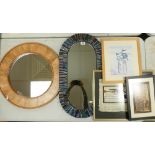 A circular wooden framed mirror: 59cm diameter, a oval glass mosaic mirror 64cm long,