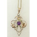 9ct gold Art Nouveau Pendant & Chain: 9ct pendant set with amethyst with chain, 3 grams.